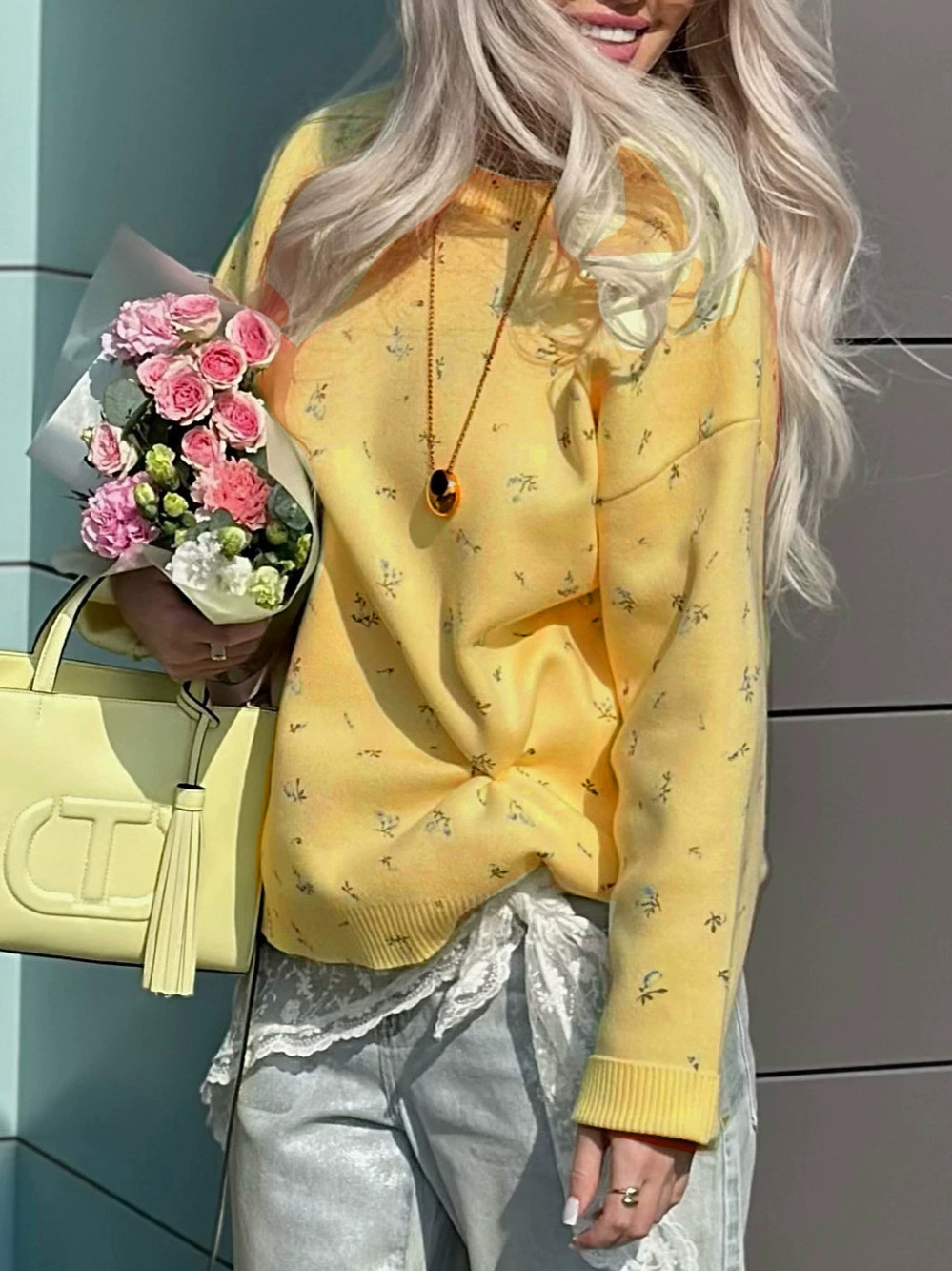 Zara Early Fall Floral Crew Neck Loose Sweater Top